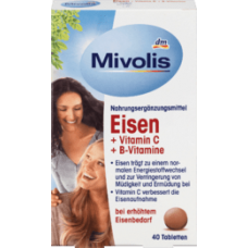 витамины с содержанием железа витамина С и витаминов В Mivolis Eisen + Vitamin C + B-Vitamine, Tabletten, 40 St.,